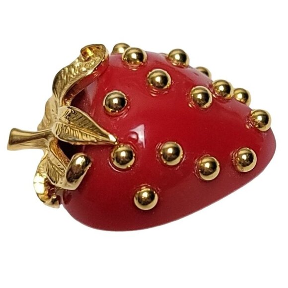 Kenneth Jay Lane Vintage Red Lucite Gold Tone Ballotini Strawberry Brooch Signed - Picture 4 of 9